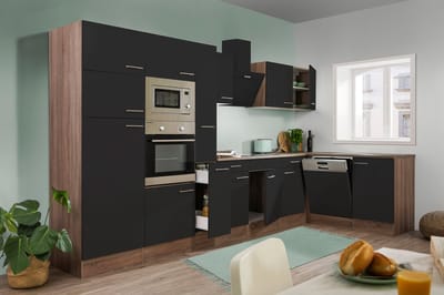 Hoekkeuken 370  cm - complete keuken met apparatuur Oliver  - Donker eiken/Zwart   - keramische kookplaat - vaatwasser - afzuigkap - oven - magnetron  - spoelbak