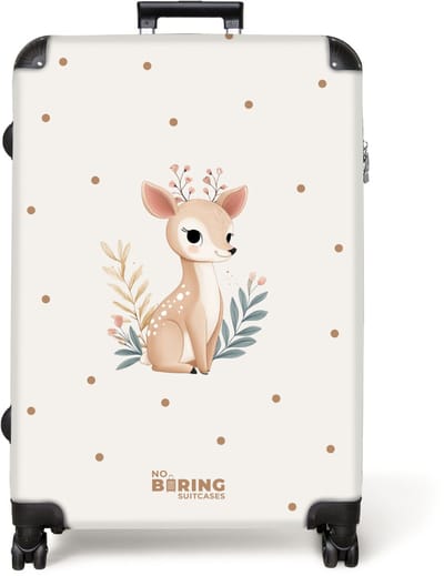 NoBoringSuitcases.com® - Koffer groot - Reiskoffer lichtgewicht - Hertje met planten in een veld vol stippen - Rolkoffer met 4 wielen - Grote trolley XL - 98 liter bagage