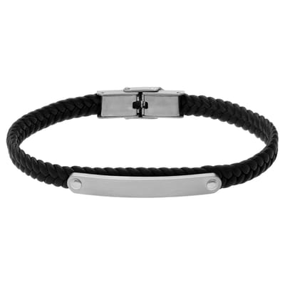Lucardi - Heren Stainless steel herenplaatarmband gevlochten leer zwart - Armband - Staal - Zilverkleurig - 20 cm