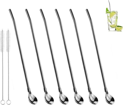 6 stuks RVS Rietjes, Rietjes, Lange Lepelrietjes, Herbruikbare Lepelrietjes, Metalen Lepels met 2 Stuks Rietjes, Schoonmaakborstel voor Smoothies, Milkshakes, Cocktails, Koffie