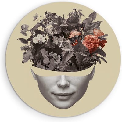 Saammp Muurcirkel Hout - Vrouw met bloemen als hoofd - Beige - abstract - Ø 90 - Wandcirkel - Wanddecoratie Cirkel - Muurdecoratie Woonkamer - Slaapkamer decoratie - Rond Schilderij
