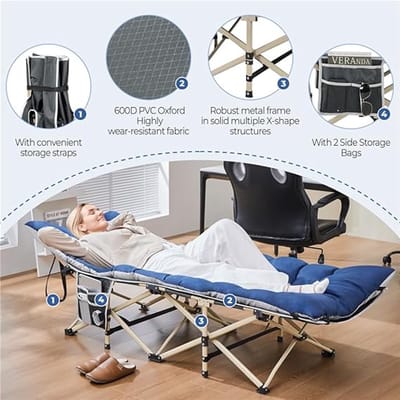 Veldbed inklapbaar met matras 191 x 67 cm – Campingbed tot 150 kg belastbaar met draagtas en zijzakken – Lichtgewicht logeerbed, verstelbaar hoofdeinde, Oxford stof