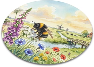 "Aquarel Series" Muismat Aardhommel Hommel op Vingerhoedskruid – Kleurrijke Natuur Illustratie – Origineel Cadeau voor haar: Vrouw, Vriendin & Collega – Bureau Accessoire Bloemenweide met Molen & Landschap – Rustgevende Werkplek Decoratie