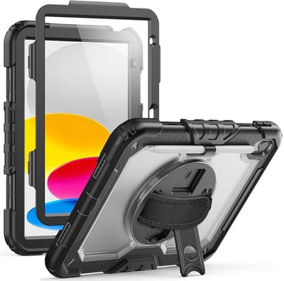 CaseBoutique Rugged Case handvat hoesje geschikt voor iPad Air 11 inch (M2/M3 en nieuwer) - Transparant/Zwart - TPU en Kunststof - Asset ID tag compatible - Optionele schouderband