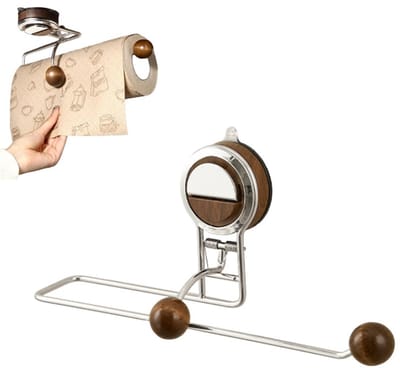 Keukenrolhouder-Keukenrolhouder met zuignap en spanarm - Met één hand af te scheuren - Keukenrolhouder van roestvrij staal en hout onder keukenkastjes - Aanrechtblad, keuken en badkamerdecoratie - Draagvermogen 2 kg (Originele houtkleur - 30,4*11,9)