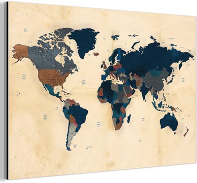 Aluminium schilderij 150x100 cm - Wanddecoratie metaal - Wereldkaart - Vintage - Papyrus - Kinderen - Jongens - Meisjes - Metalen muurdecoratie woonkamer - Decoratie industrieel - Foto op dibond - Industriële accessoires slaapkamer