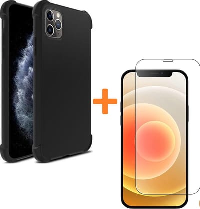 Shock-proof silicone hoesje zwart met 2 Pack Tempered glas Screen Protector Geschikt voor: iPhone 12 Pro Max