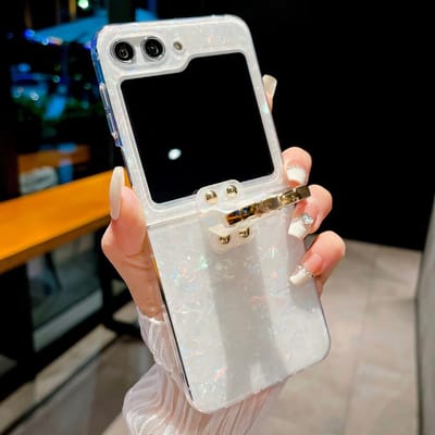 Coque de téléphone colorée à paillettes motif coquillage de conque onirique pour Samsung Galaxy Z Flip 6 5 4 3 Couvercle marbré brillant avec support anneau For Z Flip 5 white