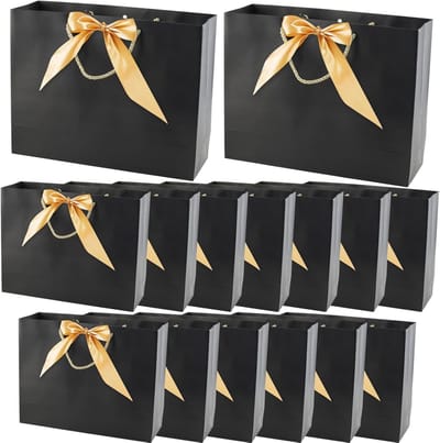 15 Stuks Zwarte Papieren Cadeautassen met Gouden Strik, Feesttassen met Handvatten voor Verjaardag, Kerst en Bruiloft, 32 x 25 x 11 cm, Duurzaam en Stijlvol