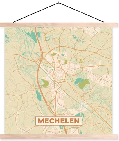 Posterhanger incl. Poster 40x40 cm - Schoolplaat - België - Kaart - Mechelen - Stadskaart - Plattegrond - Textielposter - Blanke latten - Stadskaart