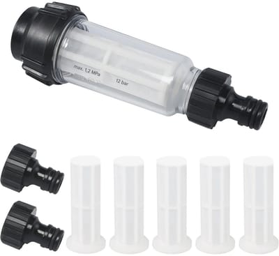 GELLDG Tuinslangwaterfilter – 9 stuks - 3/4-inch voorfilterset – Inclusief 5 filterpatronen + 2 snelkoppelingen – Waterzuiveraar voor buiten – Waterzuiveraar voor campers – Geschikt voor hogedrukreinigers, campers en tuinpompen