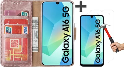 Hoesje met Screenprotectors Geschikt voor Samsung Galaxy A16 (5G/4G) – Arara bookcase met pasjeshouder - Rosegoud - 2 Stuks