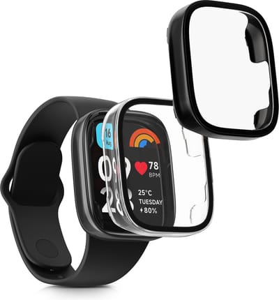 kwmobile 2x cover geschikt voor Xiaomi Redmi Watch 3 Active / Redmi Watch 3 Lite - Fitnesstracker cover van gehard glas en kunststof frame set transparant / zwart