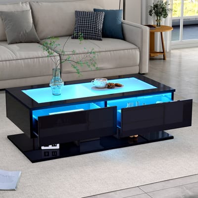 MODENUIT Salontafel - Hoogglans Met LED En 2 Lades - Voor Woonkamer - Spaanplaat En Gehard Glas - 100x50x35 cm - Zwart