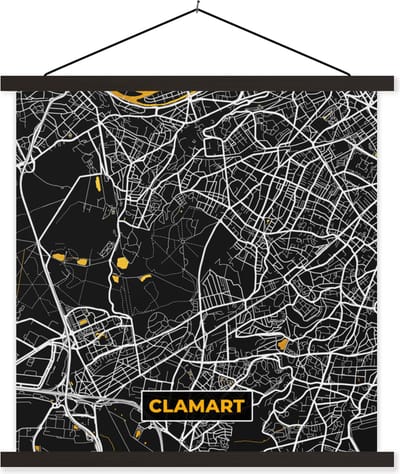 Posterhanger incl. Poster 60x60 cm - Schoolplaat - Plattegrond - Clamart - Stadskaart - Frankrijk - Kaart - Textielposter - Zwarte latten - Stadskaart