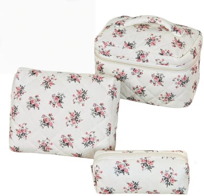 Set van 3 Make-up Tasjes Gewatteerd Bloemen Katoen – Grote Capaciteit Esthetische Cosmetische Tas & Toilettas voor Vrouwen – Reistas Organizer met Ritssluiting -Wit met rozen, 3-delige set [Groot + Middel + Klein]
