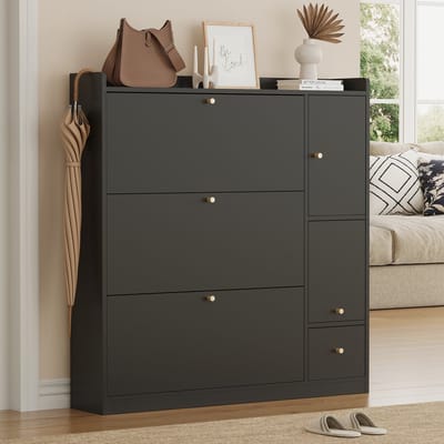 MODENUIT Schoenenkast - Met 3 Kleplades En Zitbank Voor Hal En Entree - Spaanplaat - Zwart - 119x24x122 Cm