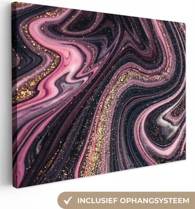 Canvas schilderij 40x30 cm - Wanddecoratie Marmerlook - Roze - Paars - Goud - Luxe - Marmer - Muurdecoratie woonkamer - Slaapkamer decoratie - Kamer accessoires - Schilderijen op canvas
