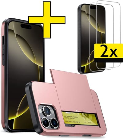 Hoesje Geschikt voor iPhone 16 Pro Hoesje Case Pashouder Hard Cover Met 2x Screenprotector - Hoes Geschikt voor iPhone 16 Pro Hoesje Met Kaarthouder - Rosé goud