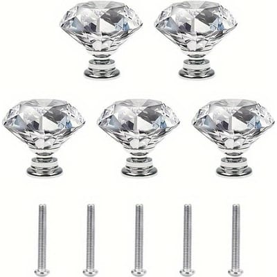 5 stuks/10 stuks 30MM Kristalheldere Glazen Dressoirknoppen, Zilveren Diamant Ladeknoppen, Trekkers, Keukenkastknoppen voor Dressoirlades 5-Pack