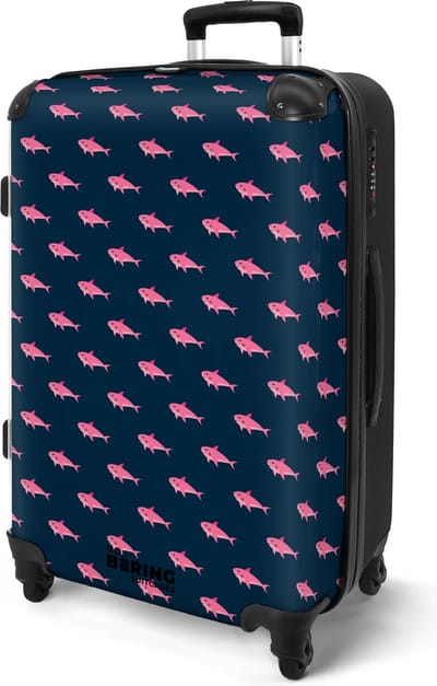 NoBoringSuitcases.com® - Koffer groot - Rolkoffer lichtgewicht - Blauw met roze haaien print - Vakantie reiskoffer met 4 wielen - Grote trolley XL - Travel suitcase large - 20 kg bagage - Ruimbagage medium met TSA slot