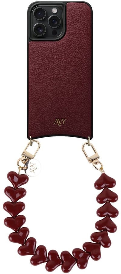 AVY Leren Hoesje Geschikt voor Apple iPhone 15 Pro Max | Compatibel met MagSafe | Leather Case met Telefoonkoord | Polsband | Burgundy | Cupid Burgundy