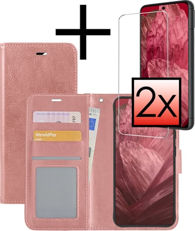 Hoesje - Met 2x Screenprotector - Geschikt voor Google Pixel 8a - Luxe Pasjeshouder - Bookcase Portemonee - Flip Case - Kunstleer Book Case - Flipcase Hoes - Book Cover - Walletcase - Portemonneehoes - Rosé goud