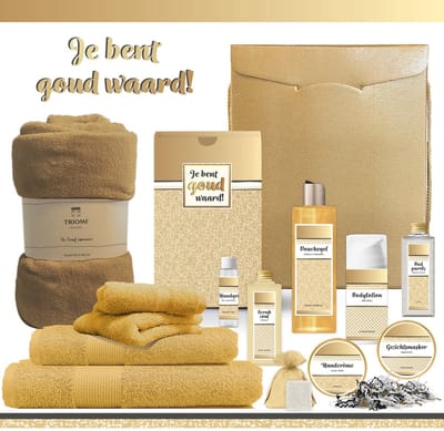 Geschenkset “Je bent goud waard!” - 13 producten - 1771 gram | Cadeau Vrouw - Wellness Pakket Vrouw - Gifset Kerst - Cadeaupakket Collega Werknemer Vrijwilliger - Kerstpakket - Verjaardag Moeder Moederdag - Gift Set Oma - Kerstpakket Goud