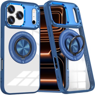 Hoesje Geschikt voor iPhone 17 Pro Max Arara hoesje voor Magsafe Transparant hard case - kickstand Draaibare Ring Houder - Blauw