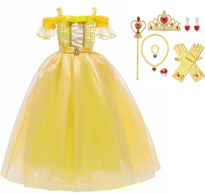 Verkleedjurk - Prinsessenjurk meisje - Verkleedkleding - maat 92/98 - Verkleedkleren meisje - Toverstaf - Kroon -Lange handschoenen - Juwelen - Kleed
