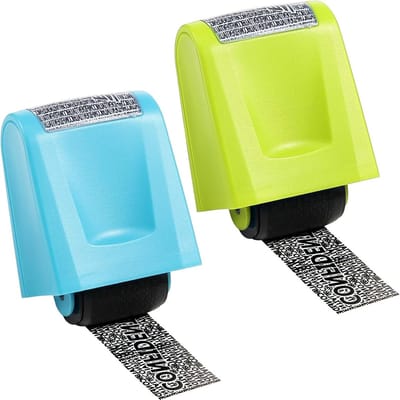 Identiteitsstempels - Set van 2 ter preventie van diefstal - Identiteitsbeschermer met rol - Brede rolveiligheidsstempel (groen en blauw) - Beveilig jouw identiteit