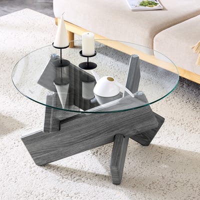 MODENUIT Salontafel - Ronde Glazen Tafel Met Kruisvoet - Voor Woonkamer En Leeshoek - MDF En Transparant Glas - 79x45 Cm