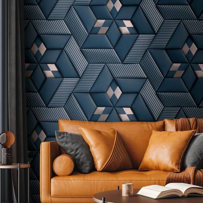 Fotobehang Profhome 391783-GU vliesbehang hardvinyl warmdruk in reliëf glad met geometrische vormen mat blauw platina zwartblauw zilver 1,59 m x 2,8 m