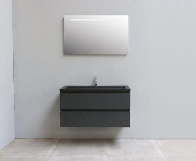 Adema Bella badmeubel met acryl wastafel Zwart 1 kraangat met spiegel met licht 100x55x46cm Antraciet mat