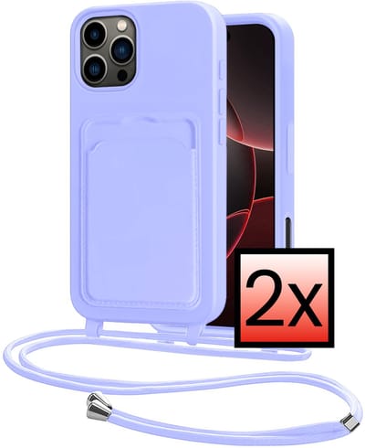 Hoes Geschikt voor iPhone 16 Pro Hoesje Pasjeshouder Cover Met Koord Case Siliconen Hoes Met Telefoonkoord en Kaarthouder - Lila - 2 PACK