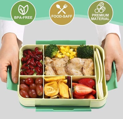 Kinderbroodtrommel met vakken, 1300 ml, BPA-vrij, Bento Box, lunchbox voor kinderen, lekvrij, met 5 vakken, snackbox, broodtrommel voor volwassenen, meisjes en jongens, magnetron/vaatwasmachinebestendig,groen