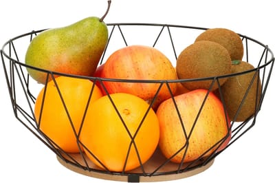 Fruitschaal/fruitmand rond zwart metaal/hout 28 cm - Fruitschalen/fruitmanden - Draadmand van metaal