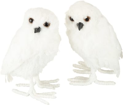 Decoratieve sneeuwuil, wit met vacht en veren, 15,5 cm, 2 stuks