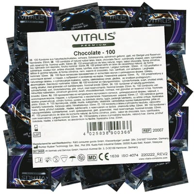VITALIS Condooms Pack met chocoladearoma | Nominale breedte 53 mm | Gevoelsechte farbige | Premium gearomatiseerd | Flinterdunne Für Männer | 100 stuks