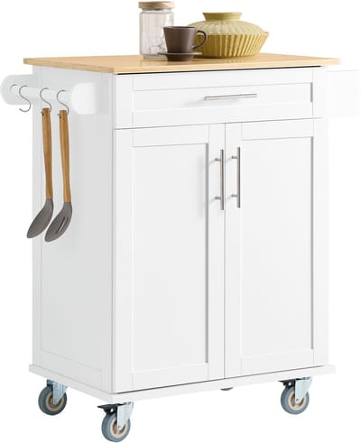 SoBuy Keukentrolley, Keukenwagen, Multifunctionele Serveerwagen met Hout Werkblad, Keukeneiland met Rolbare Kast, Wit, 66x91x46 cm, FKW13-II-WN