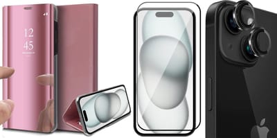 Hoesje geschikt voor iPhone 15 - Screenprotector FullGuard & Camera Lens Screen Protector Zwart - Book Case Spiegel Roségoud