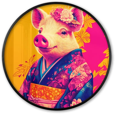 Poster in lijst Rond - Fotolijst 60x60 cm - Posters - Varken - Bloemkroon - Kimono - Abstract - Ronde posterlijst zwart - Decoratie - Wanddecoratie woonkamer - Muurdecoratie slaapkamer