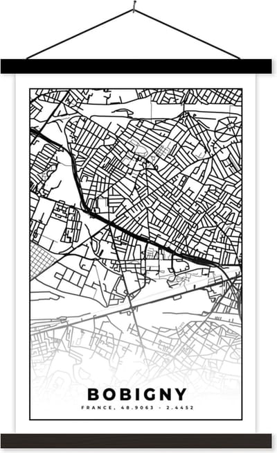 Posterhanger incl. Poster 40x60 cm - Schoolplaat - Stadskaart - Bobigny - Frankrijk - Kaart - Plattegrond - Zwart wit - Textielposter - Zwarte latten - Stadskaart