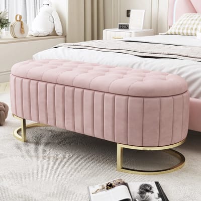 PHOEBE CAT Bedbank - Met opbergruimte - 120 x 40 cm - Gewatteerd schoenenbank - Velvet - Roze