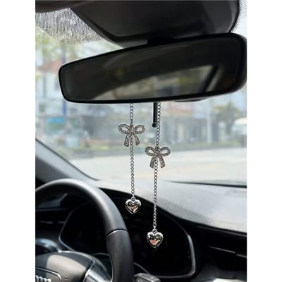 1 pièce Rétroviseur de voiture pendentif en forme de cœur diamant étincelant incrusté pendentif papillon | Accessoires de pendentif de voiture pour chapelet | argenté
