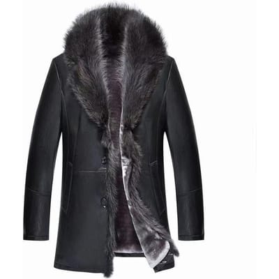 Manteau en fourrure pour homme en fourrure de mouton avec un col en fourrure de raton laveur dans la longue veste en cuir pour homme Tide M
