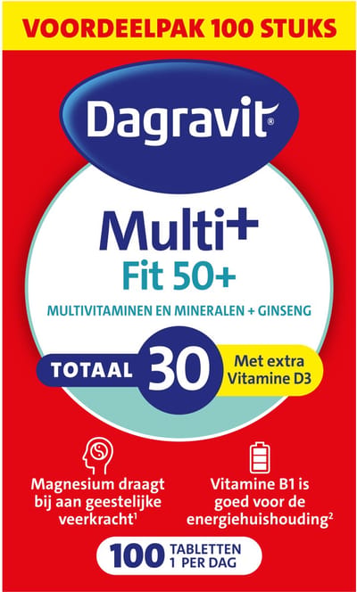 Dagravit Totaal 30 Vitaal 50+ Multivitaminen voordeelverpakking - Vitamine B1, B2, B3, B5, B6, B12 en koper dragen bij aan een goede energiehuishouding - 100 tabletten