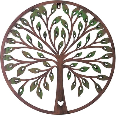 Boutique Trukado - Levensboom Metaal - Wanddecoratie voor Buiten of Binnen - diameter - 51 cm - - Bruin met Groene accenten