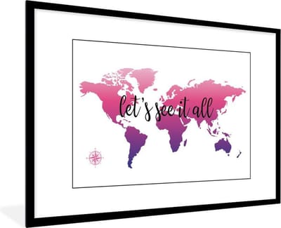 Poster in lijst - Fotolijst 90x60 cm - Posters - Wereldkaart - Roze - Kompas - Posterlijst zwart - Decoratie - Wanddecoratie woonkamer - Muurdecoratie slaapkamer