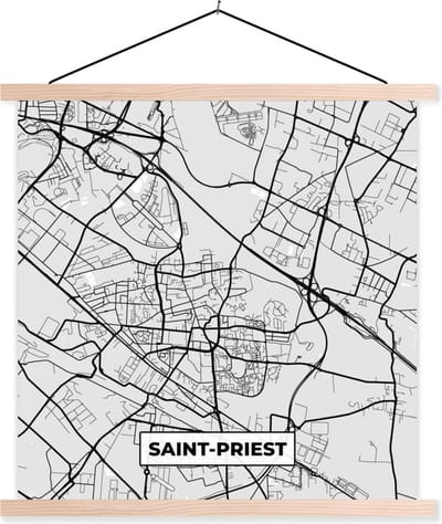 Posterhanger incl. Poster 40x40 cm - Schoolplaat - Saint-Priest – Plattegrond - Frankrijk – Kaart – Stadskaart - Textielposter - Blanke latten - Stadskaart